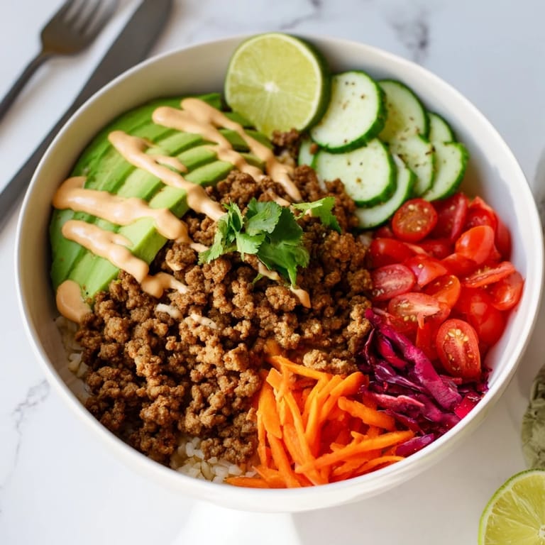 Vibrant plant-based meat bowl with avocado, cherry tomatoes, and spicy mayo drizzle.  