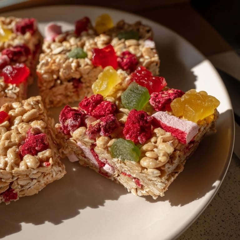 Vibrant homemade gummies and crispy freeze-dried candies atop wholesome oat snack bars.