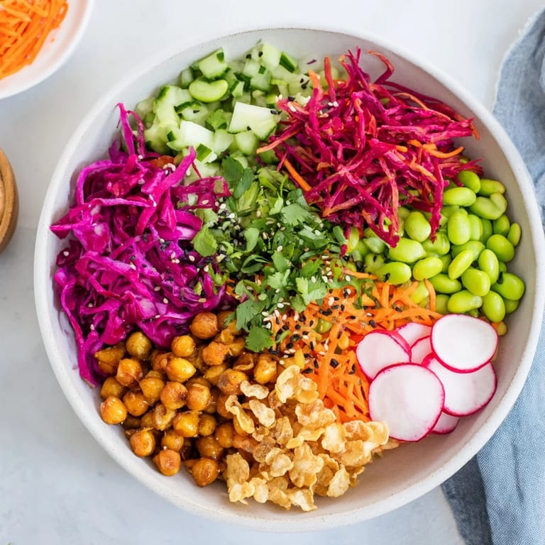 Deliciously layered ASMR Crunch Snack Bowls topped with roasted chickpeas and seeds.