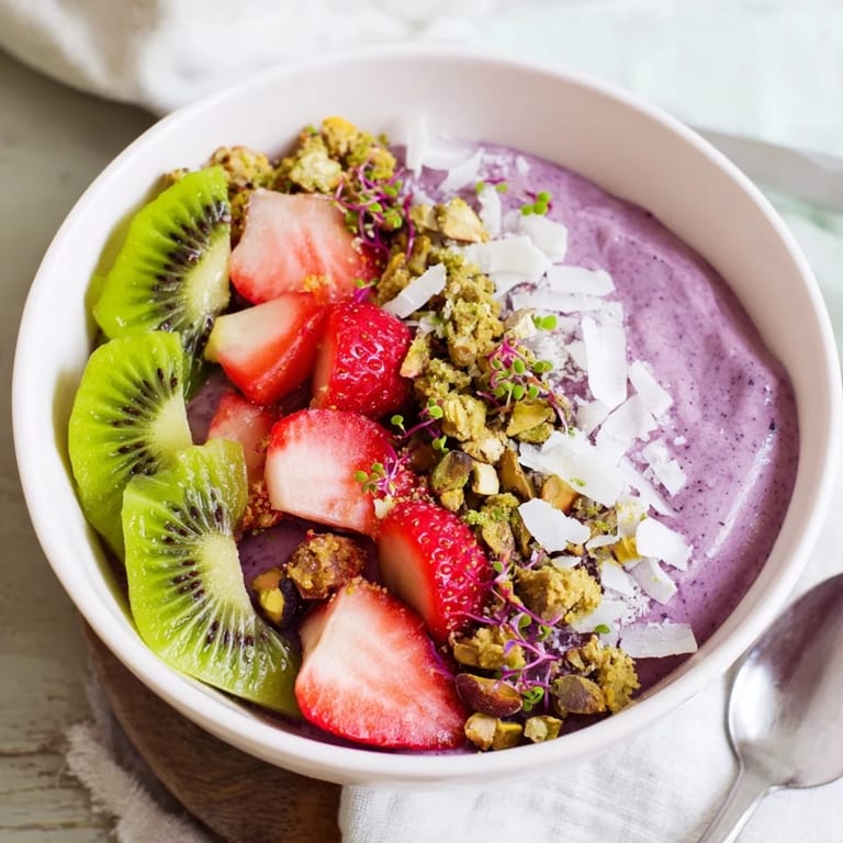 Delicious Vibrant Smoothie Bowls featuring purple yam and pistachio for a nutritious breakfast.  