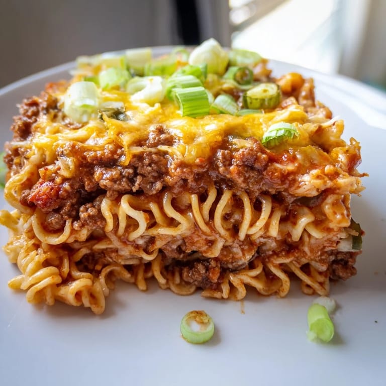 A comforting Spicy Ramen Lasagna featuring golden cheese over flavorful spicy meat sauce.  