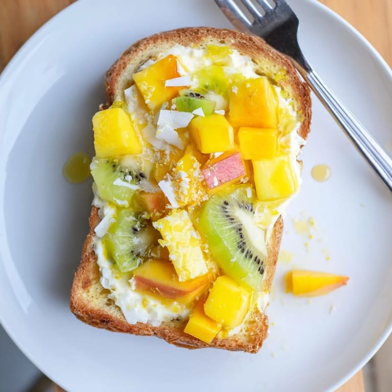 Deliciously crispy coconut yogurt-custard toast, beautifully garnished with mango and kiwi.