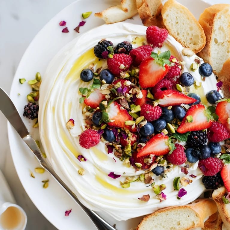 Visually stunning Butter Board Dessert with creamy cheese and vibrant mixed berries.  
