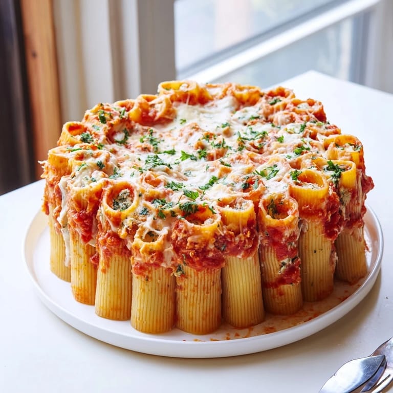Delicious Honeycomb Pasta Cake showcases golden rigatoni standing proudly in creamy layers.