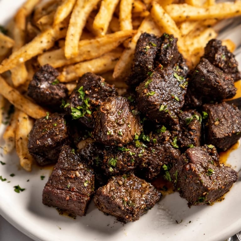 Sizzling blackened Cajun steak bites topped with fresh parsley and golden fries.