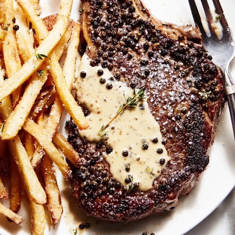 Sumptuous Classic Peppercorn Ribeye steak alongside golden, crispy fries for a delightful dinner.