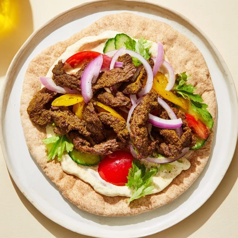 Mouthwatering image of a fully-assembled Beef Shawarma Wrap, complete with creamy sauce.