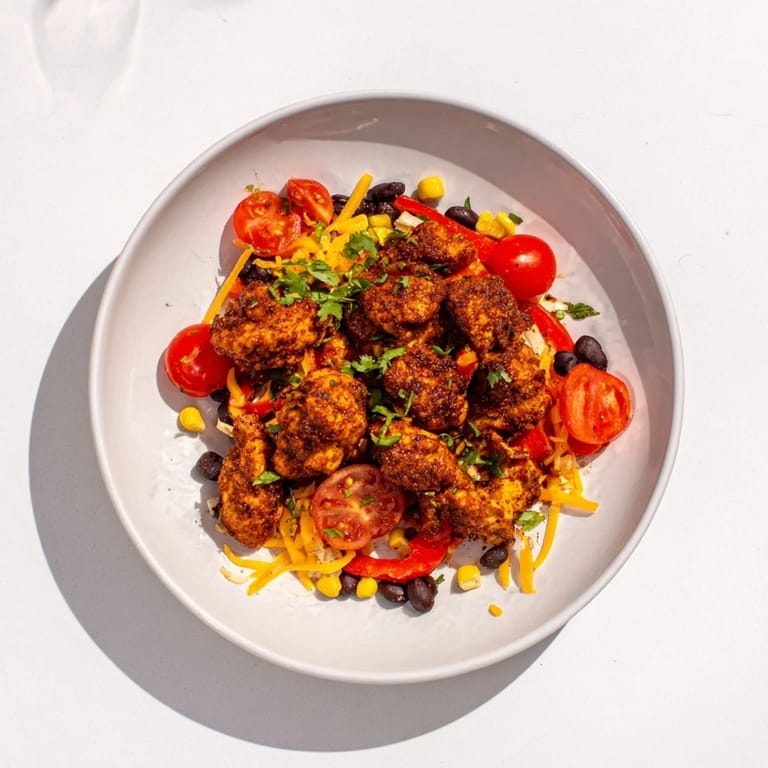 Close-up of Sheet Pan Chicken Burrito Bowls, piled high with colorful toppings, a delicious, easy meal.