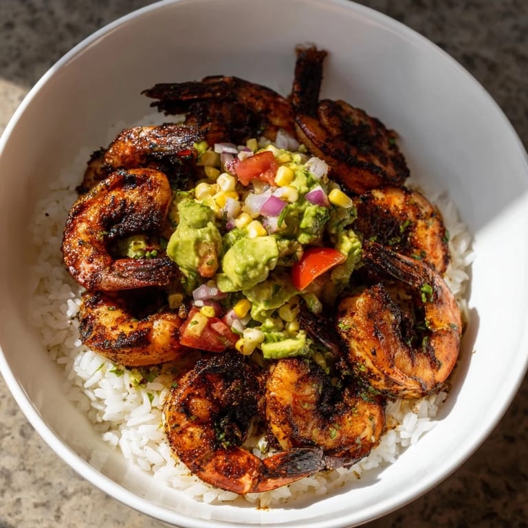 Creamy avocado salsa complements the flavorful blackened shrimp in this fantastic Blackened Shrimp Bowl.