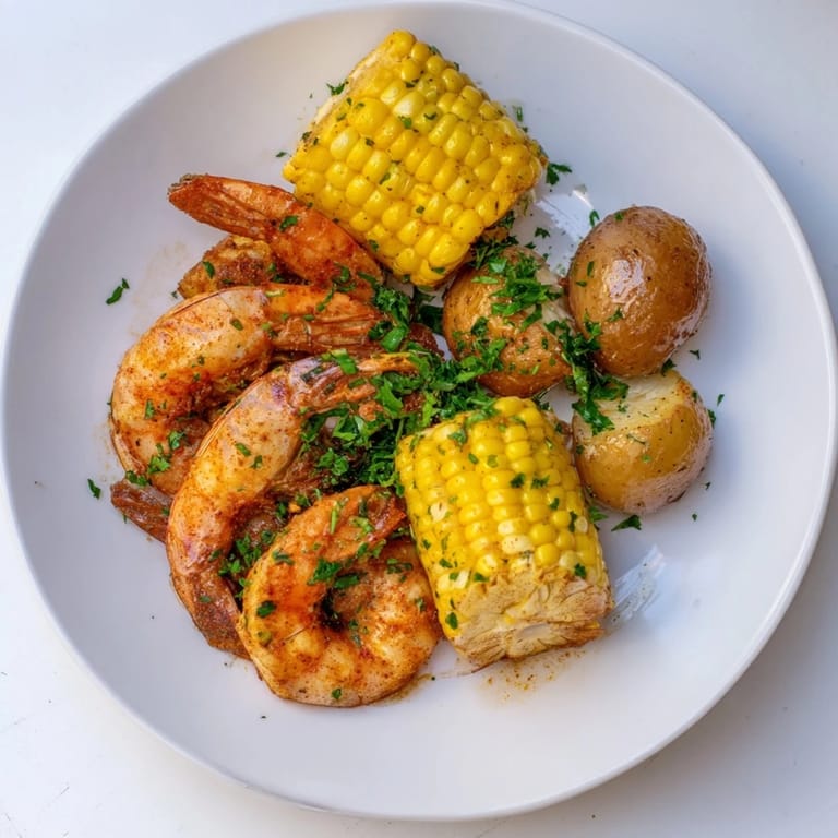 Spicy Cajun Shrimp & Sweet Corn, served with bright lemon wedges and fresh parsley, smelling savory and delicious.
