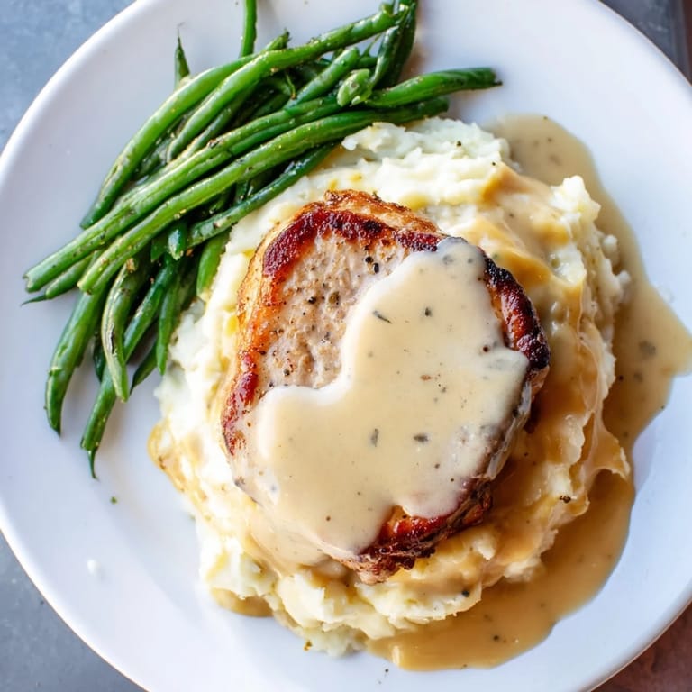 This comforting Pork Chops & Cheddar Mash Bowl features a juicy chop with savory gravy over cheesy mashed potatoes.