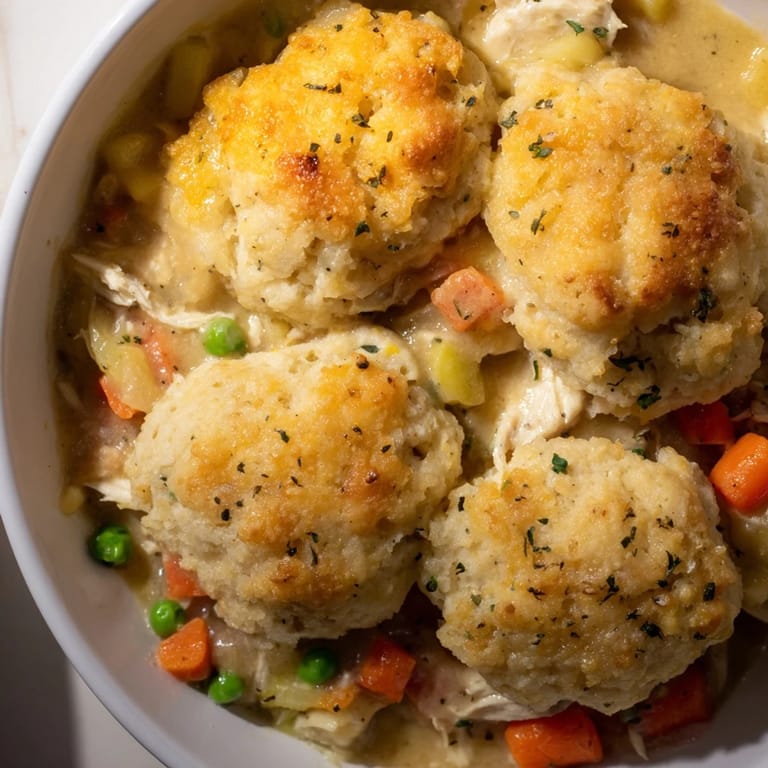 A close-up of a bubbling Chicken and Dumplings Casserole, showcasing the perfectly baked, golden dumplings.