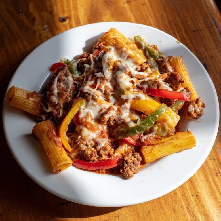 A close-up of cheesy Baked Rigatoni with Sausage & Peppers just out of the oven, showing delicious textures.