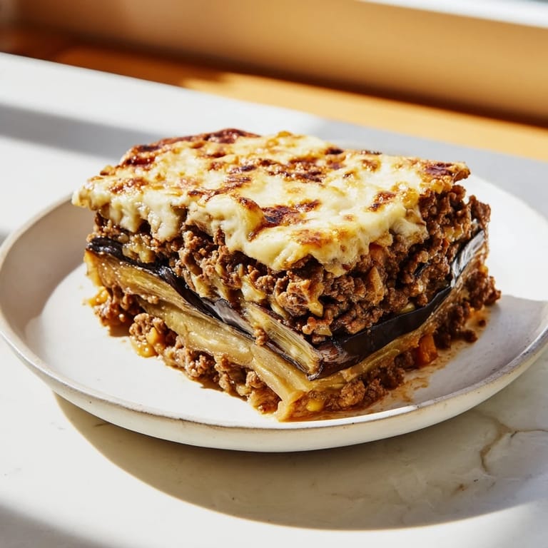 Homemade moussaka, a classic Greek casserole, with a flavorful beef filling under a creamy béchamel sauce.