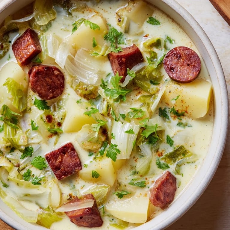 Garnished Potato, Leek & Chorizo Soup; bits of chorizo and parsley creating delicious textures.