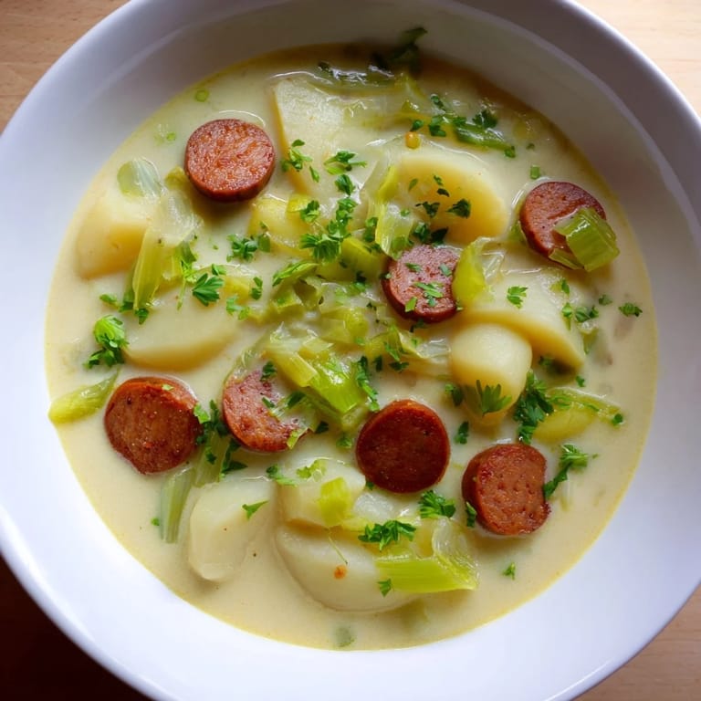 A steaming bowl of Potato, Leek & Chorizo Soup, ready to warm you on a chilly evening.