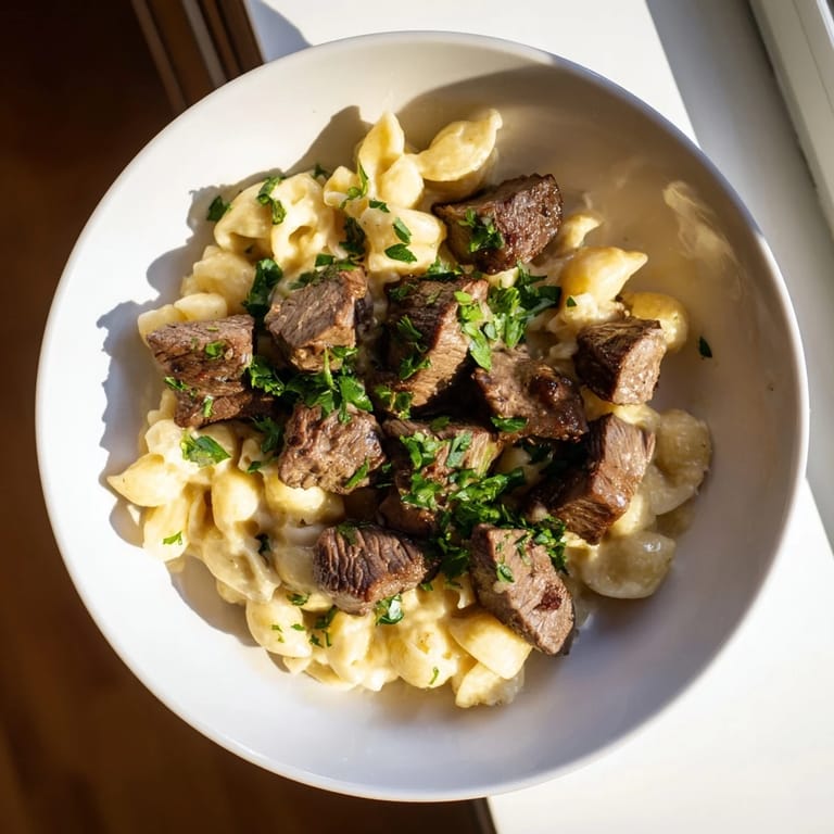 Sizzling garlic butter coats the perfectly seared garlic butter steak bites, ready on a bed of cheesy shells.