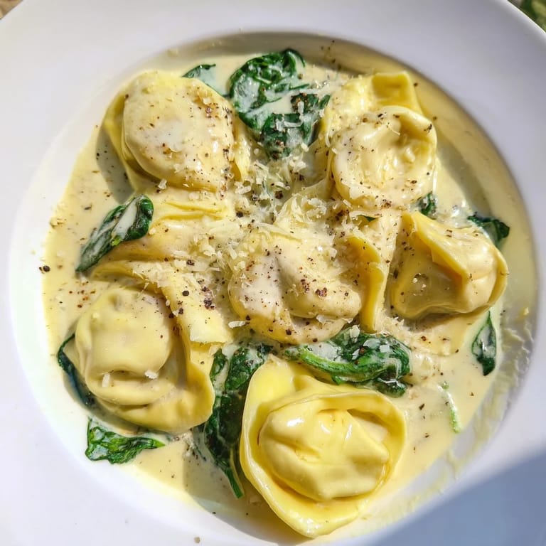 Fragrant, creamy Creamy Spinach Alfredo Tortellini with perfectly cooked cheese tortellini and a touch of nutmeg.