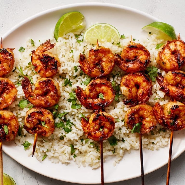 Appetizing Chipotle Lime Grilled Shrimp & Rice with vibrant colors, served with lime wedges, enticing you with flavor.