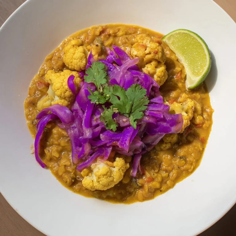 A steaming bowl of flavorful Red Cabbage, Cauliflower & Coconut Dhal bursting with rich, creamy texture.