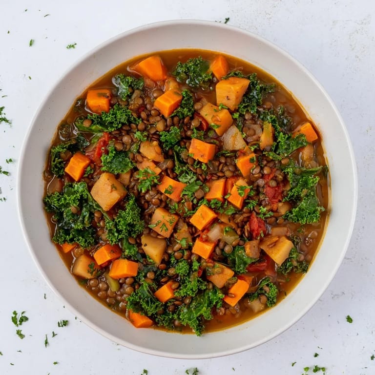 This beautiful winter vegetable and lentil soup shows a healthy, comforting meal served with fresh parsley garnish.