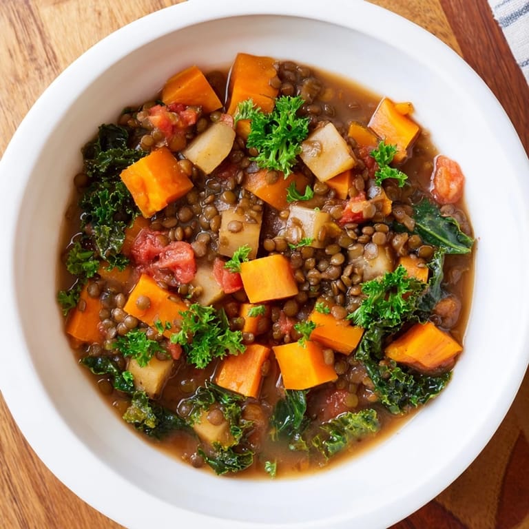 A close-up of steaming winter vegetable and lentil soup, highlighting the tender vegetables and brown lentils.