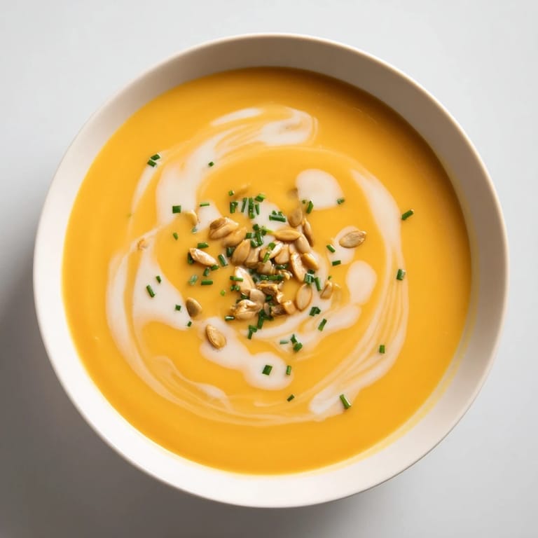 Golden Butternut Squash & Pear Soup, garnished with fresh herbs and toasted pumpkin seeds, looks delicious.