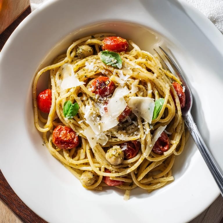 A close-up of delicious Lazy-Girl Pasta with fresh basil, ready to be enjoyed as a quick dinner.