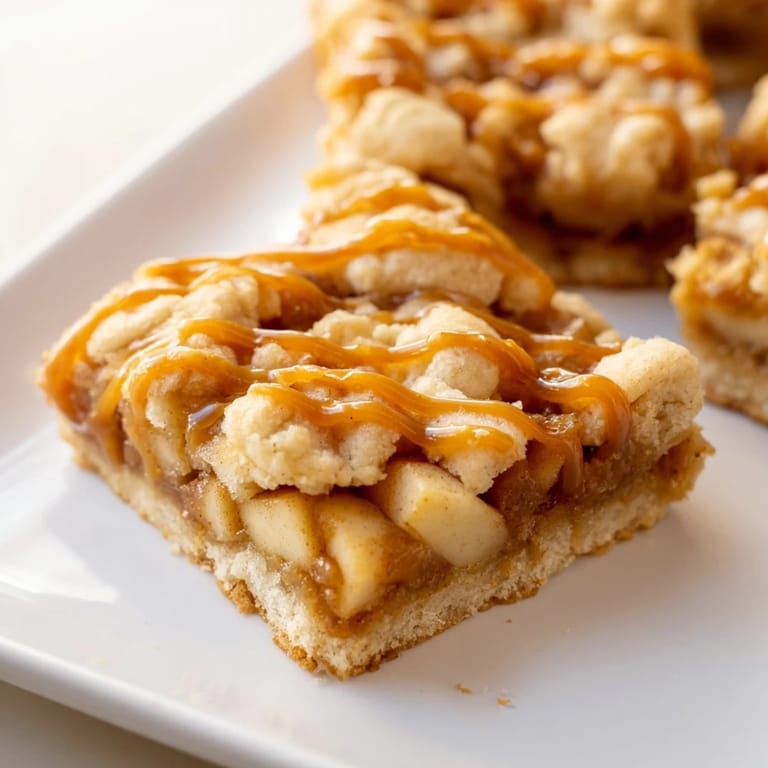 A close-up of golden Caramel Apple Cookie Bars, perfect for a cozy fall dessert, ready to serve.