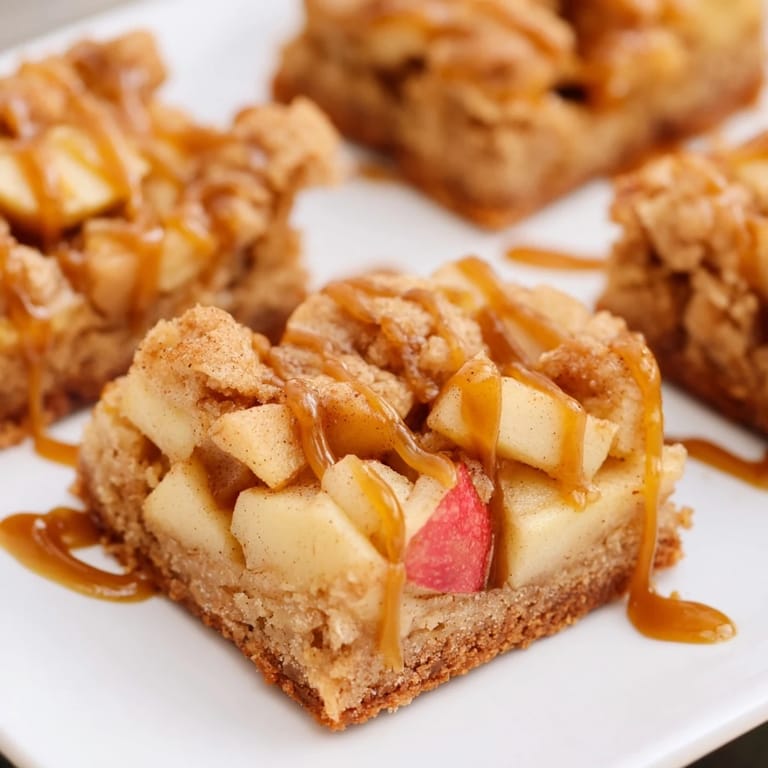 Chewy and sweet Caramel Apple Cookie Bars, freshly baked with a caramel drizzle, inviting you to enjoy.