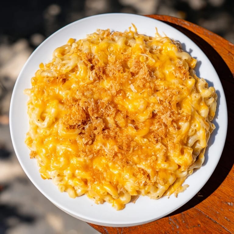 Homemade Mac & Cheese with evaporated milk, perfectly baked and ready to scoop out.