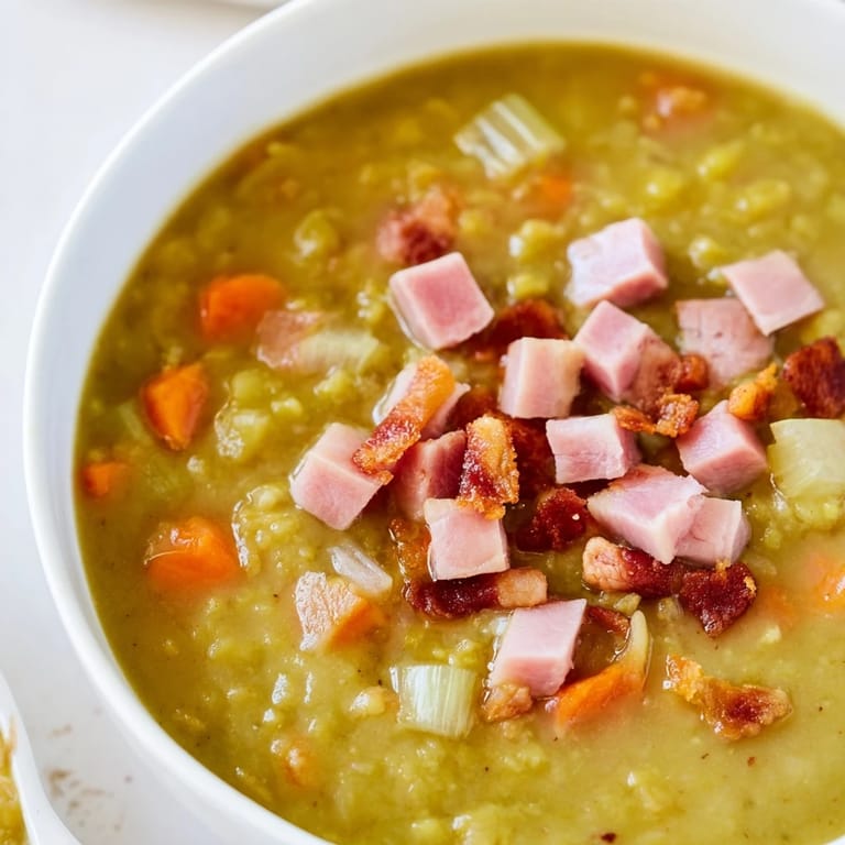 Close-up of hearty Split Pea Soup featuring chunks of ham and bacon, ready to savor on a cold day.