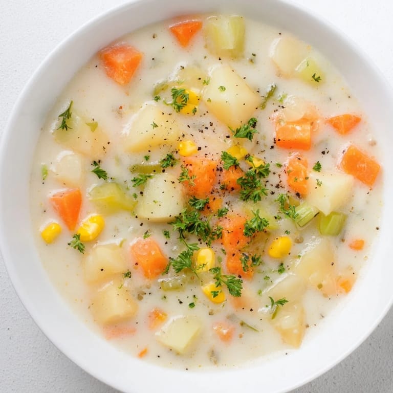 Steaming Corn & Potato Chowder, showcasing the tender potatoes and sweet corn kernels.