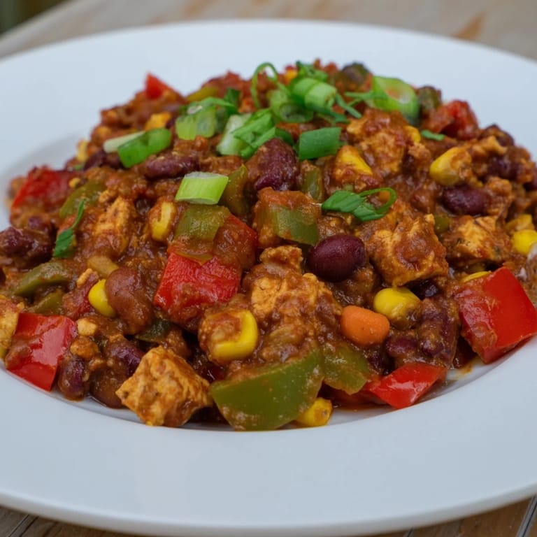 A close-up of a bubbling pot of veggie chili, perfect for a warming and flavorful dinner.