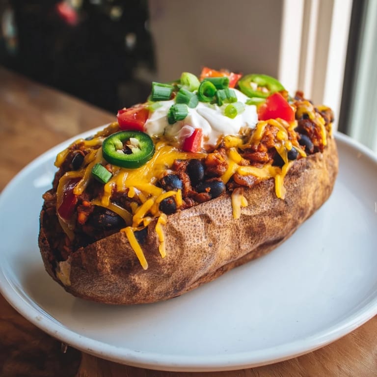 Golden-topped Loaded Baked Potato with savory chili and creamy cheese, a supremely comforting American classic.