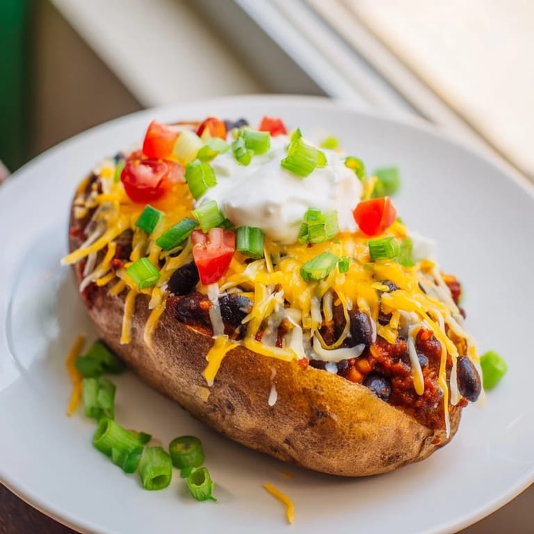 A close-up of a loaded baked potato: fluffy insides, chili, cheese, and your favorite toppings.