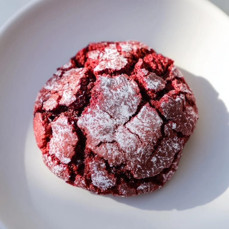 Freshly baked Red Velvet Chocolate Crinkle Cookies, a vibrant red with a decadent chocolate flavor.