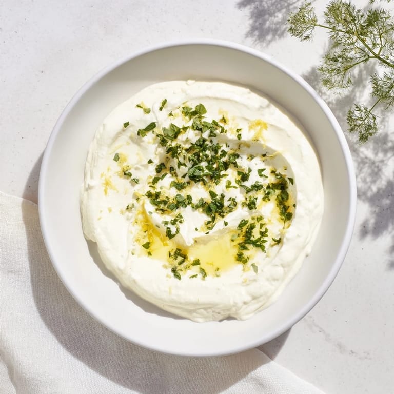 Freshly made whipped feta, drizzled with bright lemon-mint, ready for serving with crackers.
