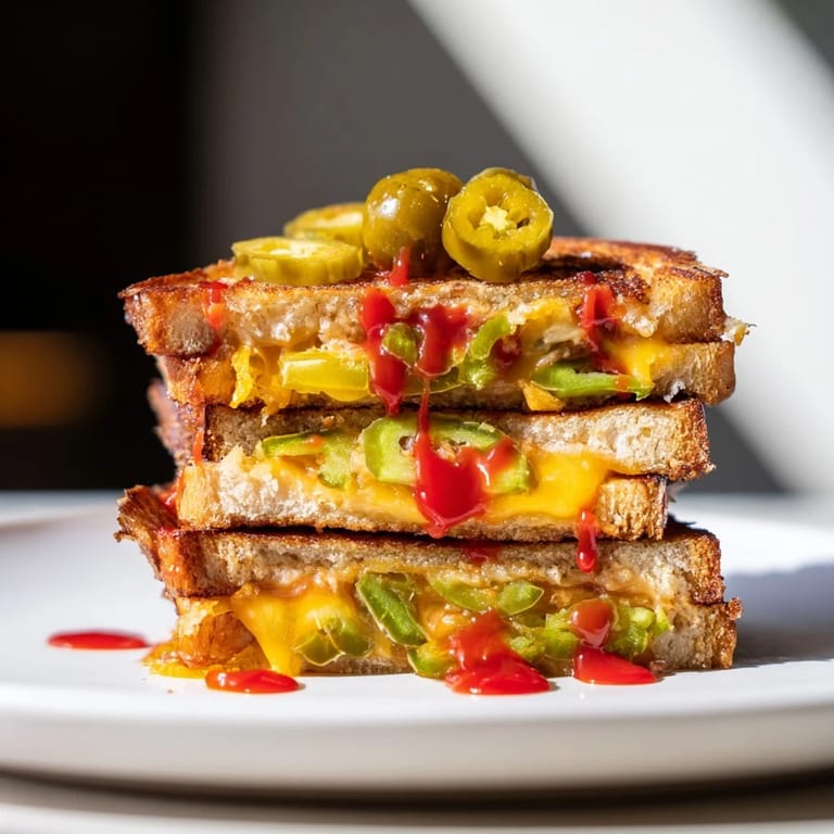 Close-up of Spicy Pickle Grilled Cheese Dippers with visible pickle slices, appealing and savory.