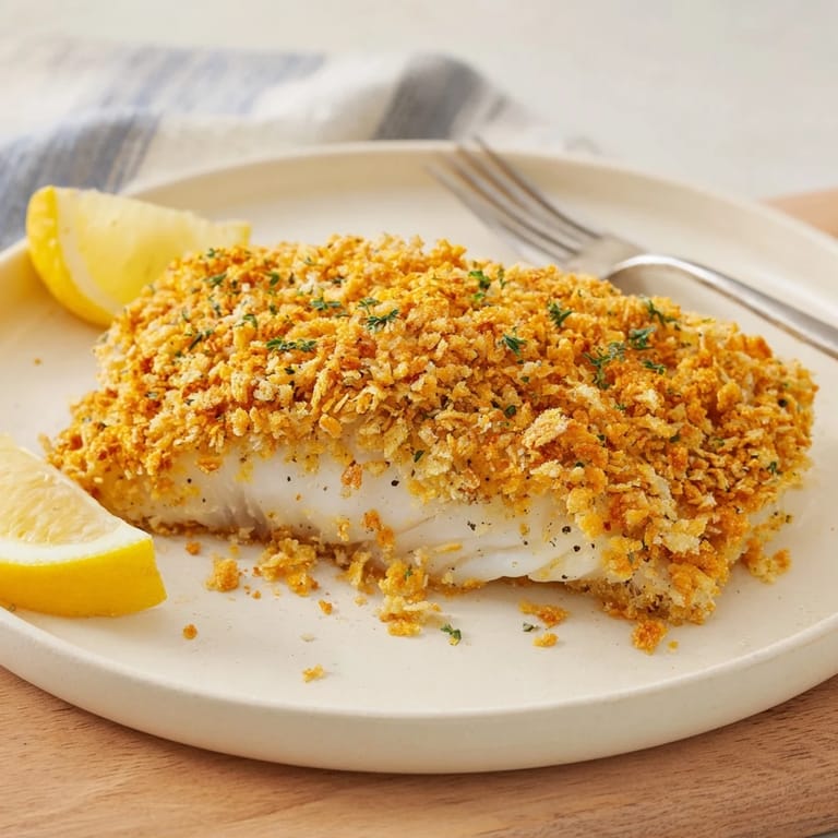Close-up of baked cod: Flaky fish with a buttery Ritz cracker crust ready to serve.