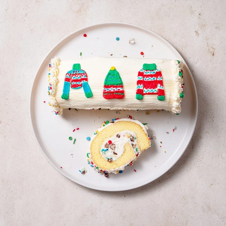 The Ugly Sweater Cake Roll, a delightful dessert with varied frostings and vibrant sprinkles topping.