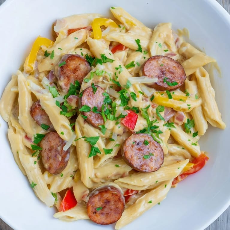 Picture a bowl of warm Smoked Sausage Cajun Alfredo, ready to serve with fresh parsley sprinkled on top.