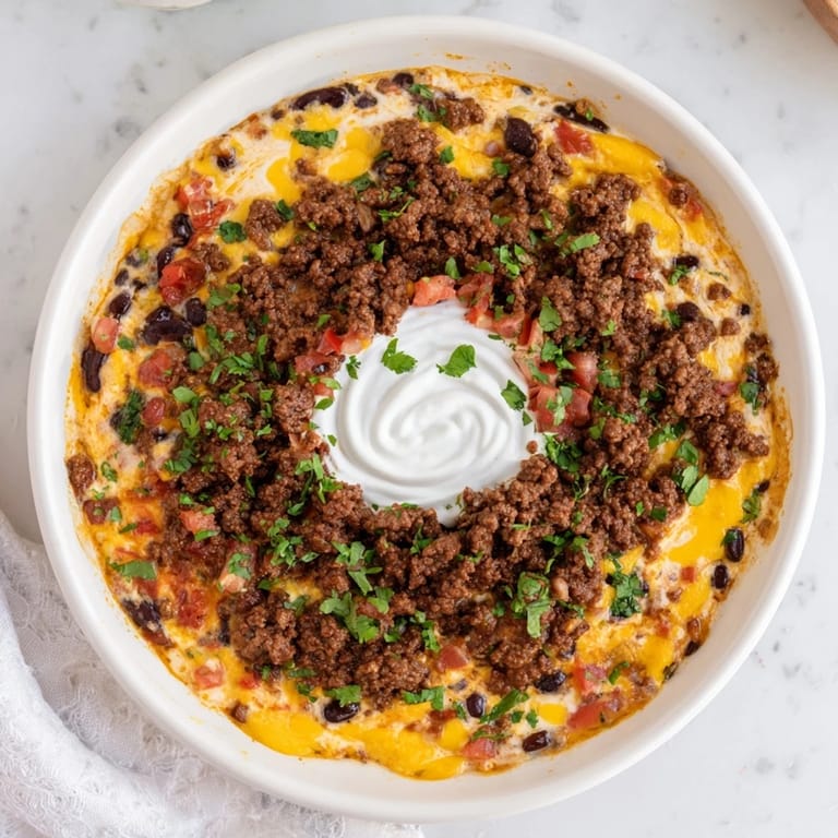 A close-up of a creamy, cheesy slow cooker cream cheese taco dip ready to be scooped up.