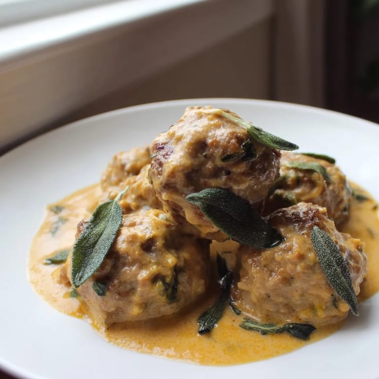 Vibrant photo of Turkey Meatballs with Pumpkin Sage Sauce, highlighting the savory sauce and browned meatballs.