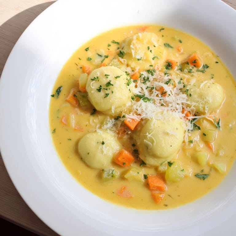 Golden butternut squash gnocchi soup, a hearty and flavorful soup perfect for a cozy dinner.