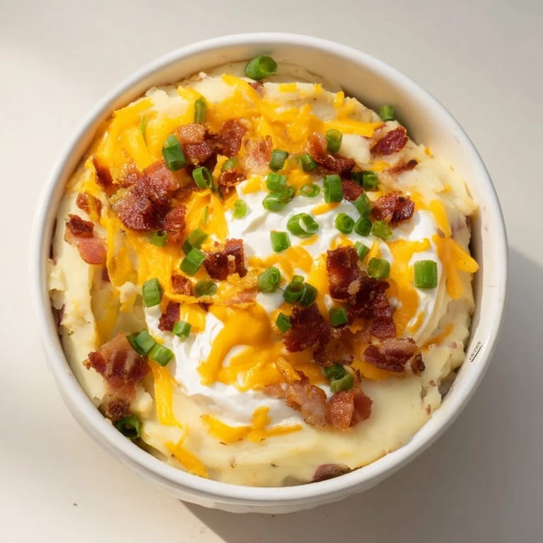 A steaming bowl of Crockpot Loaded Baked Potato Soup, garnished with green onions and crumbled bacon, perfect for a chilly day.