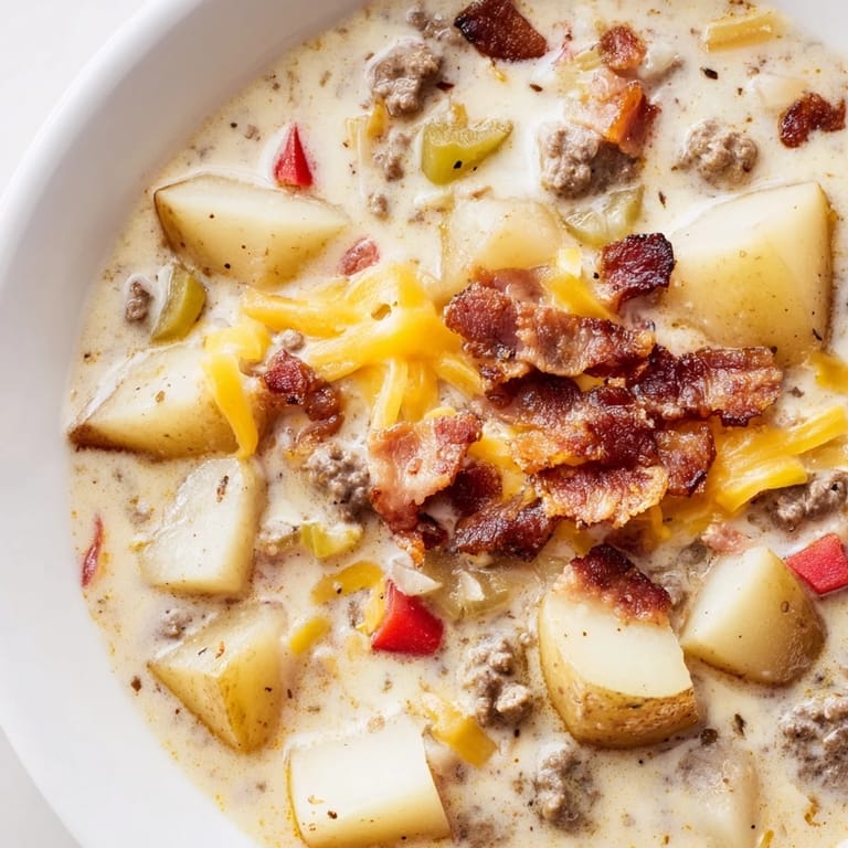 Creamy, comforting Crockpot Cheeseburger Soup with melted cheddar cheese and crispy bacon topping.