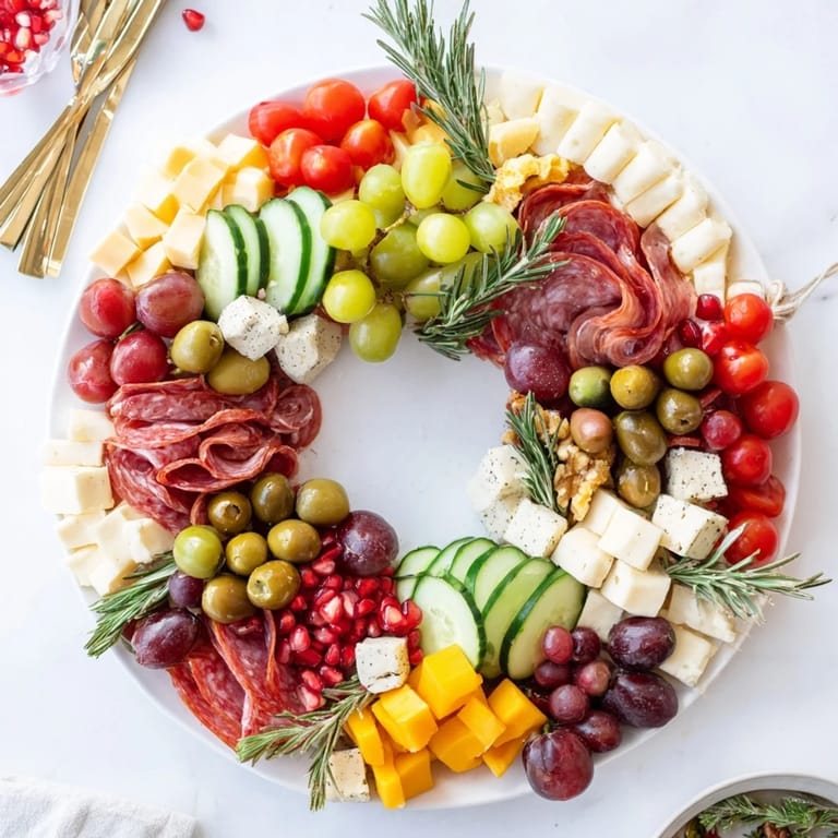 A gorgeous Quick Christmas Charcuterie Wreath Board, perfect with crackers, featuring festive rosemary sprigs and tempting treats.