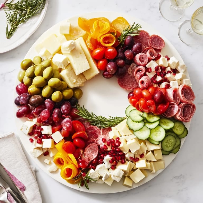 Delicious Quick Christmas Charcuterie Wreath Board showcasing assorted cheeses and meats, creating a delightful holiday appetizer.