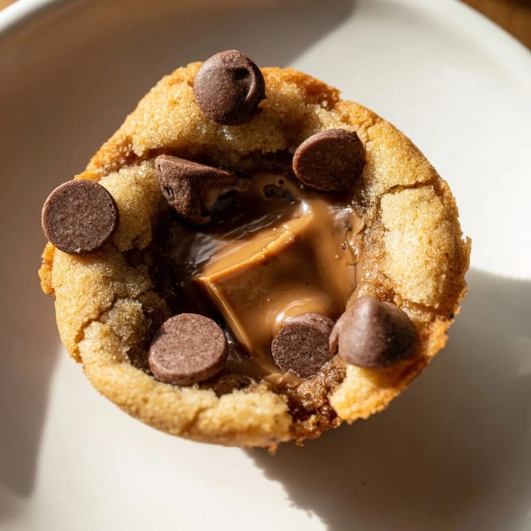 Golden-brown Air Fryer Gooey Cookie Cups, served warm, promising a delicious, gooey chocolate treat.